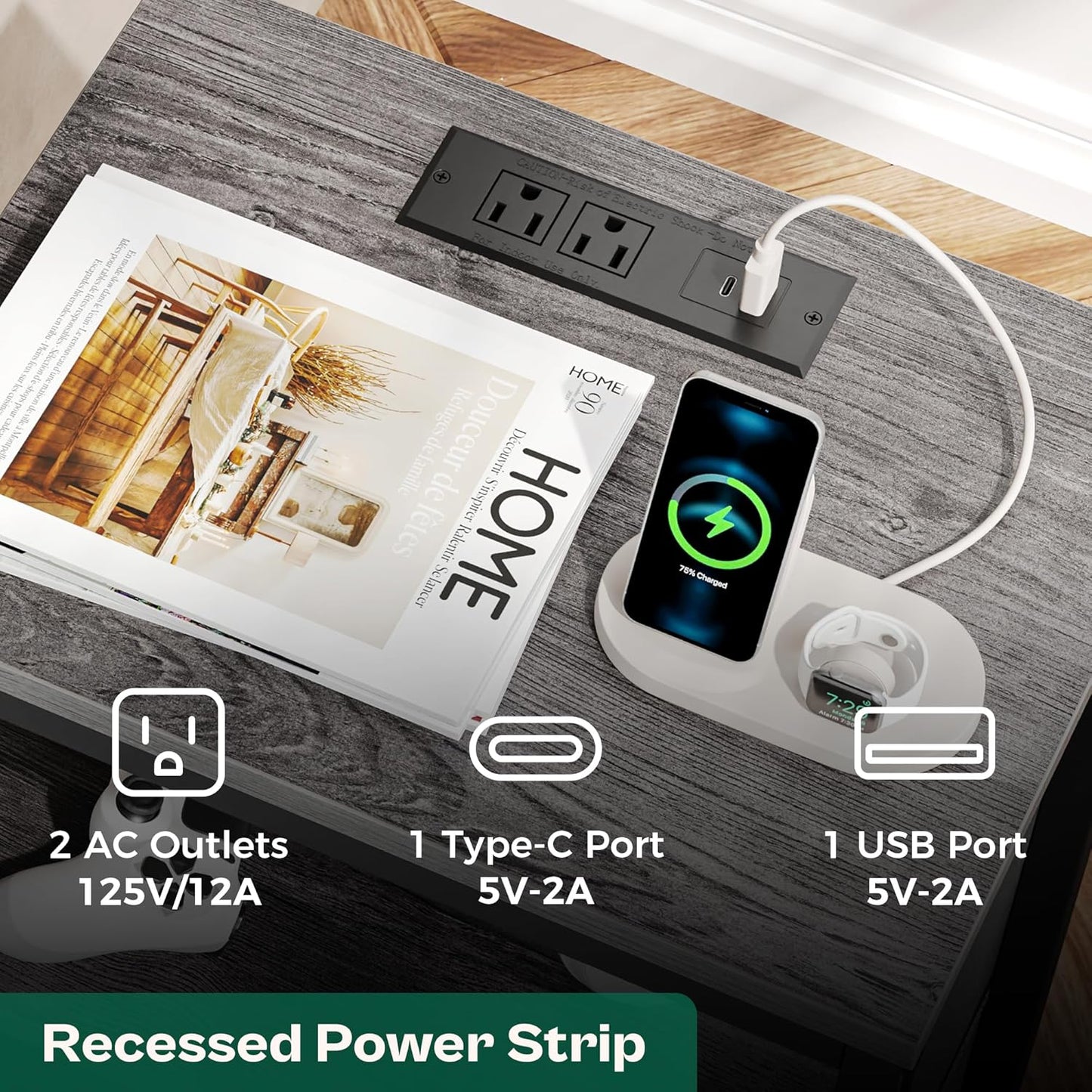 Huuger Nightstands Set of 2, 27.6 Inch End Tables with Charging Station, Fabric Drawers, Bedside Tables with USB Port and Outlet, Night Stands for Bedroom, Charcoal Gray