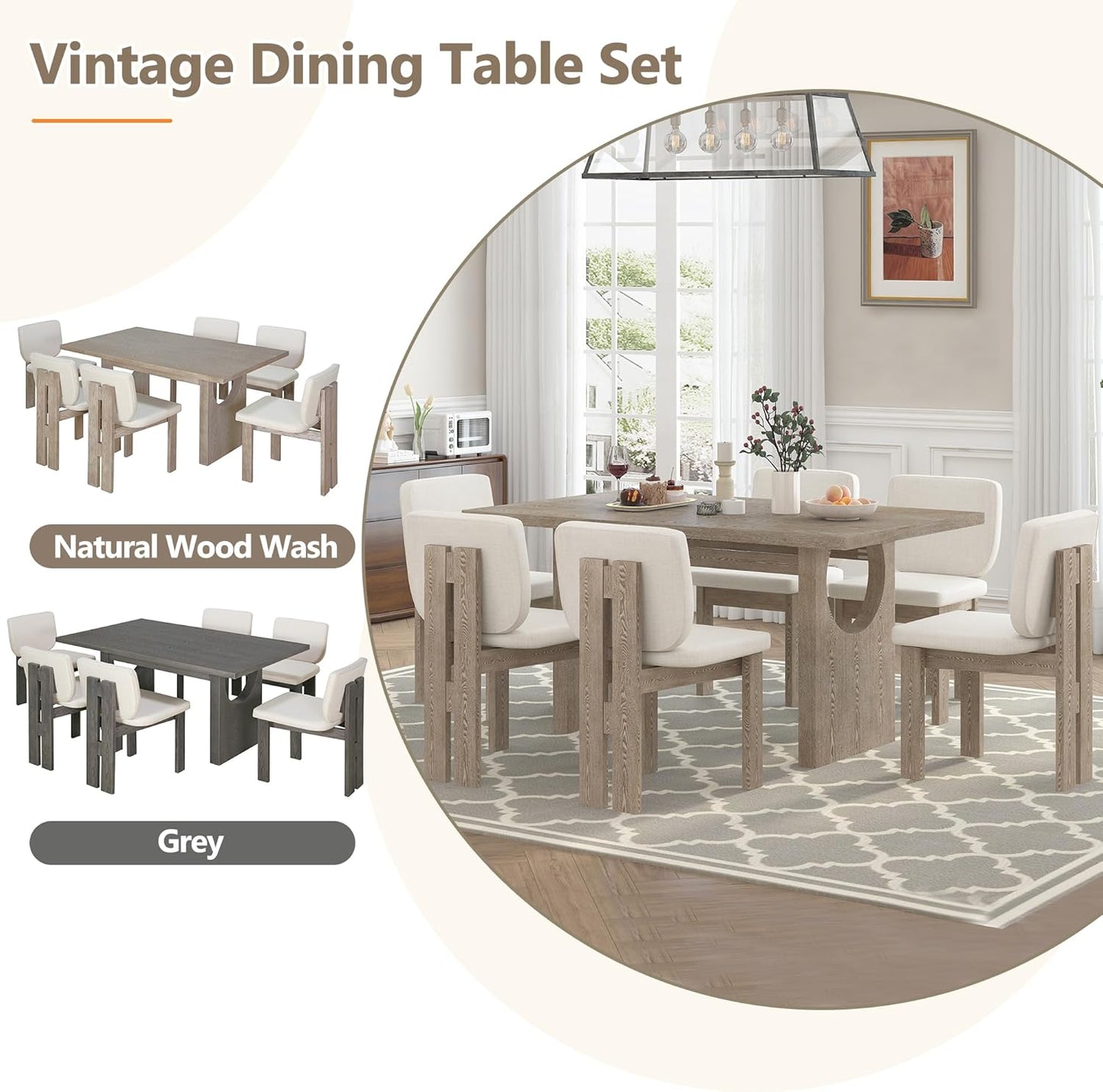Ball & Cast 7-Piece Dining Table Set for 6 People, 59" Wood Dining Kitchen Table & Chairs Set, Dining Room Table with Trestle Base and 6 Upholstered Chairs, Perfect for Dining Room,Natural Wood Wash