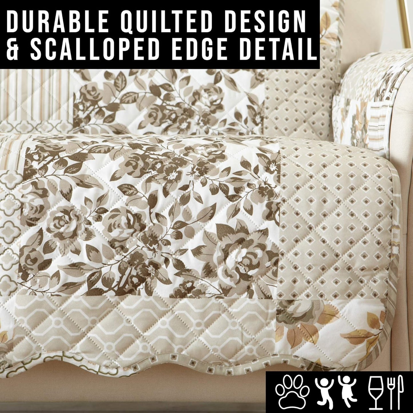 Great Bay Home Patchwork Scalloped Printed Furniture Protector Stain Resistant Chair Cover (Chair, Taupe)