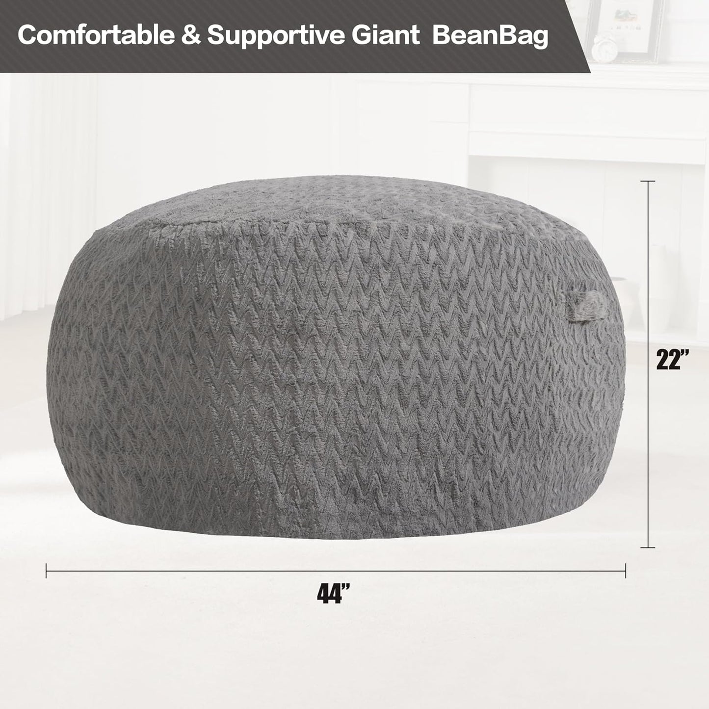 Hobestluk 4ft Bean Bag Chairs for Adults Large Beanbag Chair with Chevron Plush Fur Cover Big Bean Bag Chair for Living Room Bedroom Dorm Office - Grey (44” x 44” x 24”)