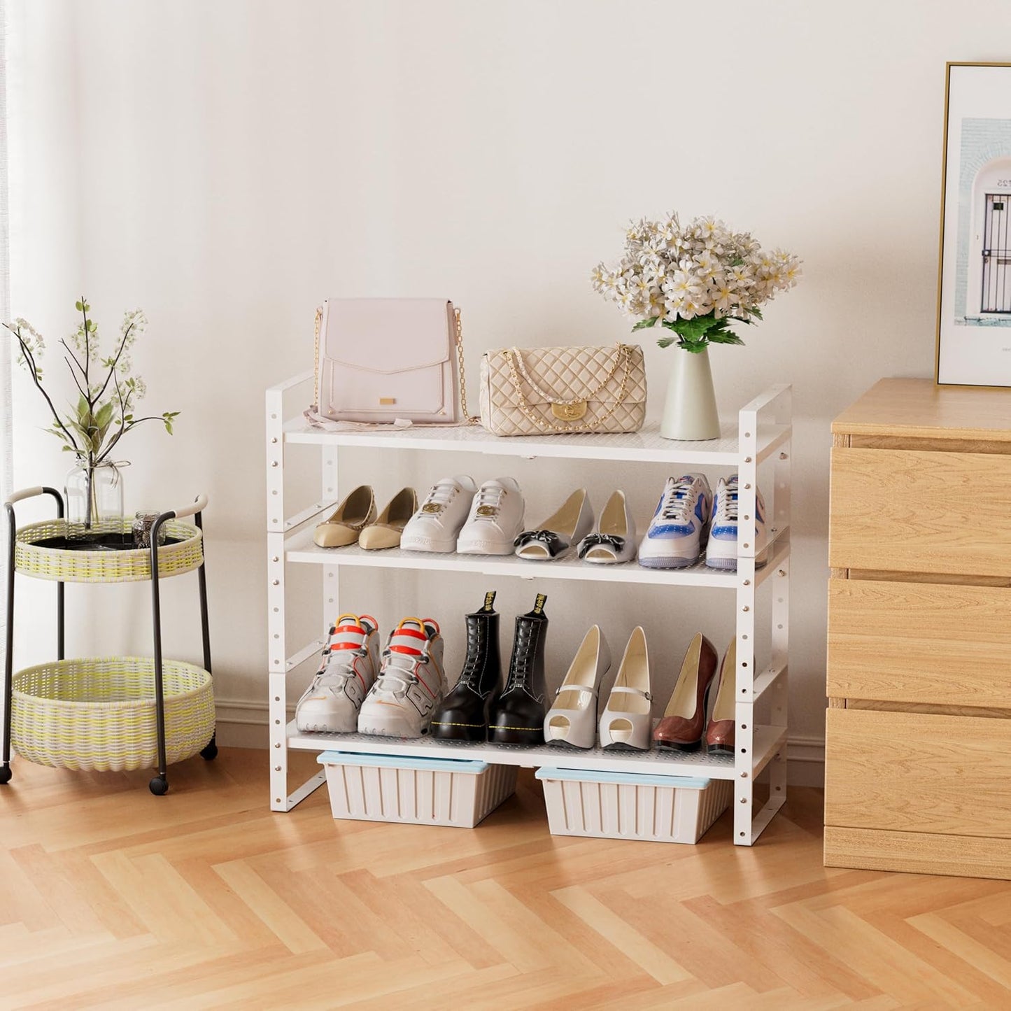 Expandable Stackable Aadjustable Shoe Rack Pantry Shelf for Kitchen Cabinets Counter Shelves Countertop Cupboard Storage Solution,Sturdy Heavy-Duty Metal Construction(1Pack/White/Large)