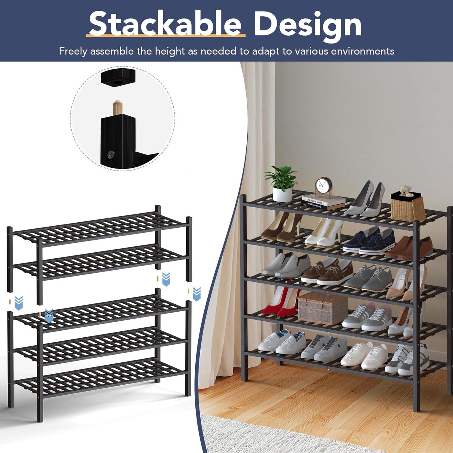 Haddockway Long 3 Tier Bamboo Shoe Rack Storage Organizer, Multifunctional Free Standing Stackable Shoe Shelf with Grid Panel for Closet,Hallway,Entryway,Small Space 34.2"x11"x20"(Black, 3-Tier(Long))
