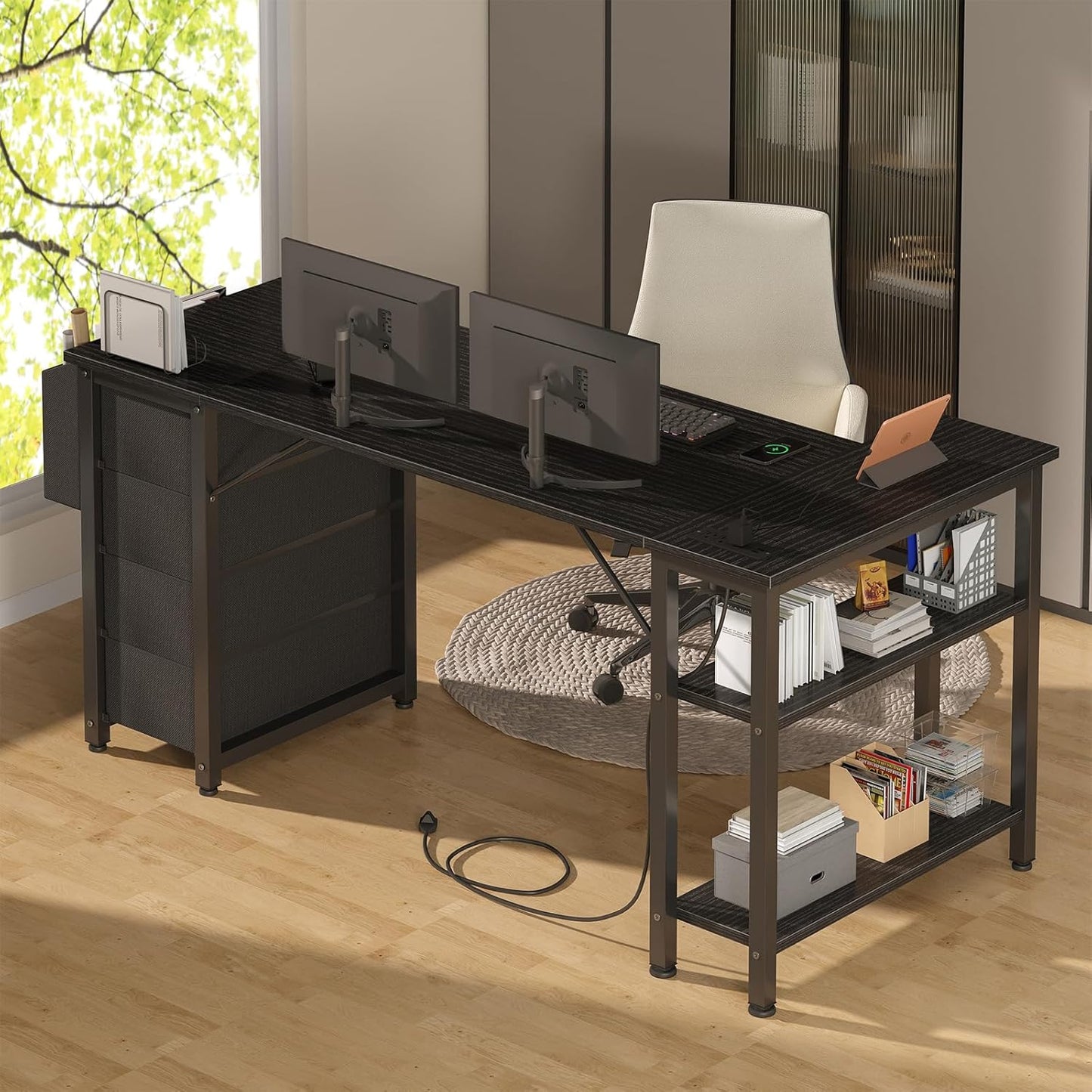 Lufeiya L Shaped Gaming Desk with Drawers & Storage Shelves, 63 Inch Corner Computer Desk with Power Outlet for Home Office Bedroom, L-Shaped Teen PC Desks with Fabric Drawer, Black