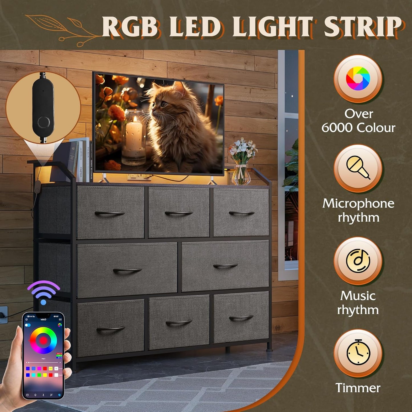 WLIVE Dresser TV Stand with Power Outlets, Led Dresser for Bedroom, Fabric Chest of Drawers with Double Open Shelves, Wood Top, Steel Frame, 6 Drawer Dressers for Closet, Living Room, Dark Grey