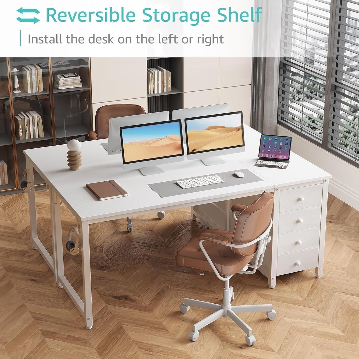 Lufeiya White Computer Desk with Drawers - 55 Inch Long Study Work Writing Desk for Home Office Bedroom, Reversible Simple Modern Cute PC Desks with Fabric Drawer, White