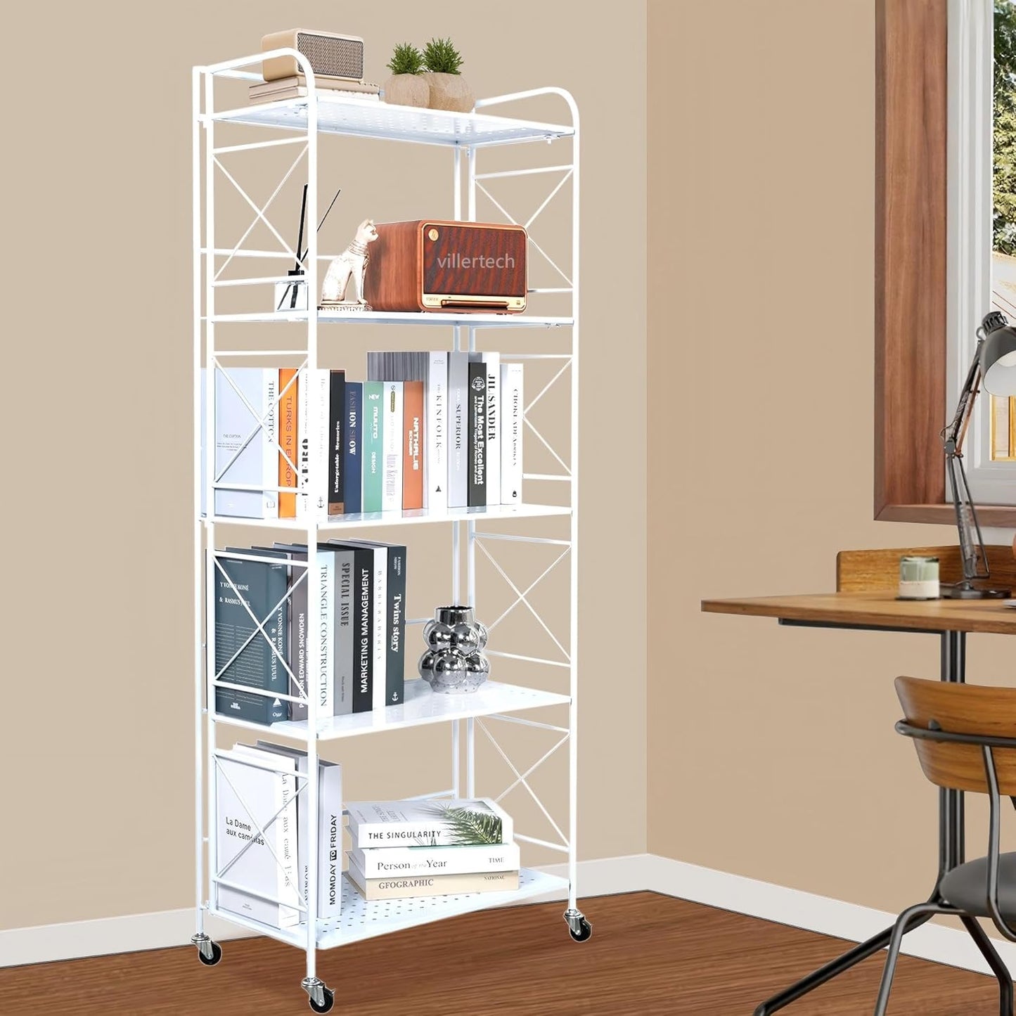 Foldable 5-Tier Metal Shelf with Wheels - Folding Bookshelf Unit for Living Room, Kitchen, Study 12.6" D x 23.6" W x 57.0" H, Glossy White