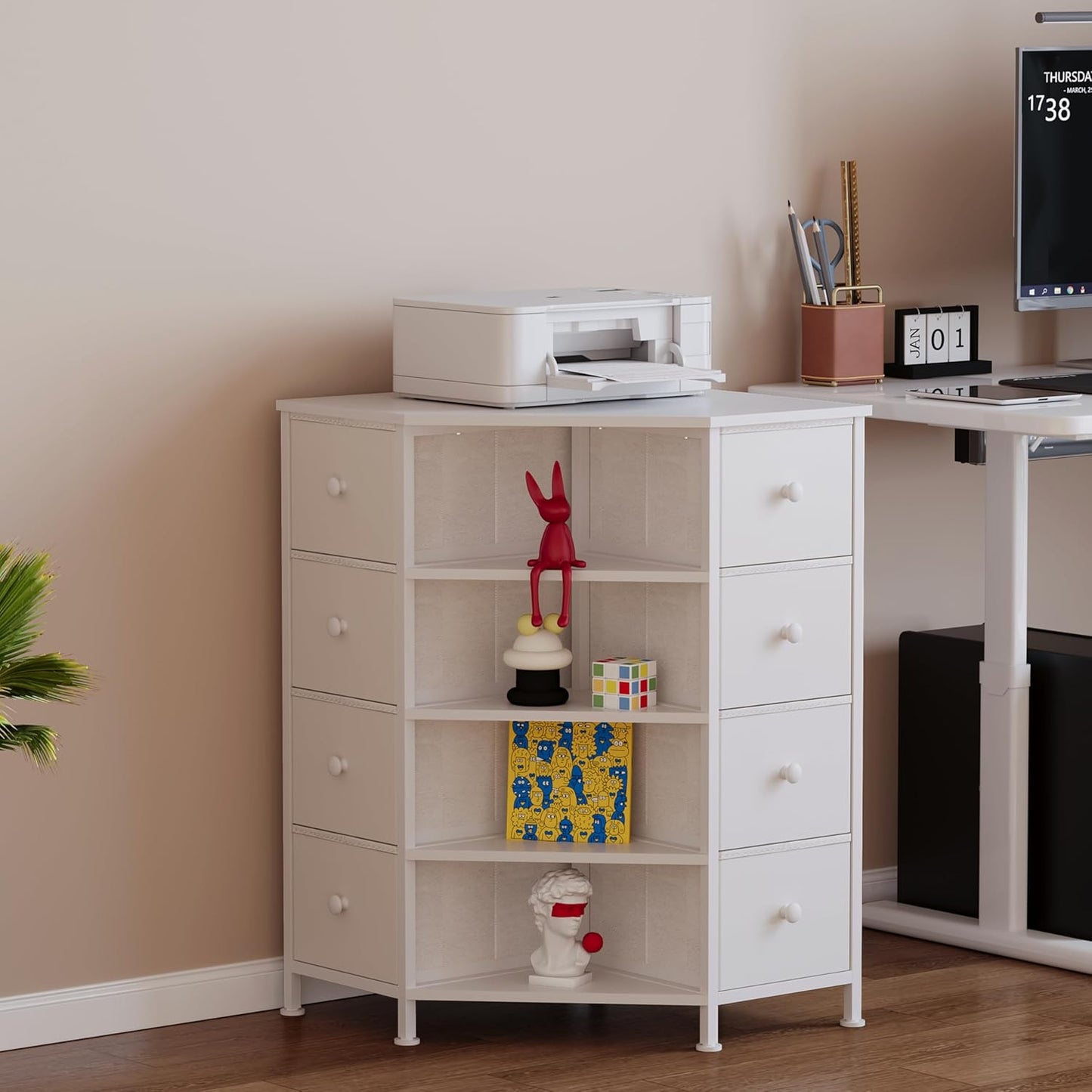 LUMTOK 8 Drawers Corner Dresser with Storage Fabric Drawers and Open Shelves for Small Space，Bedroom，Entryway，Living Room (White)