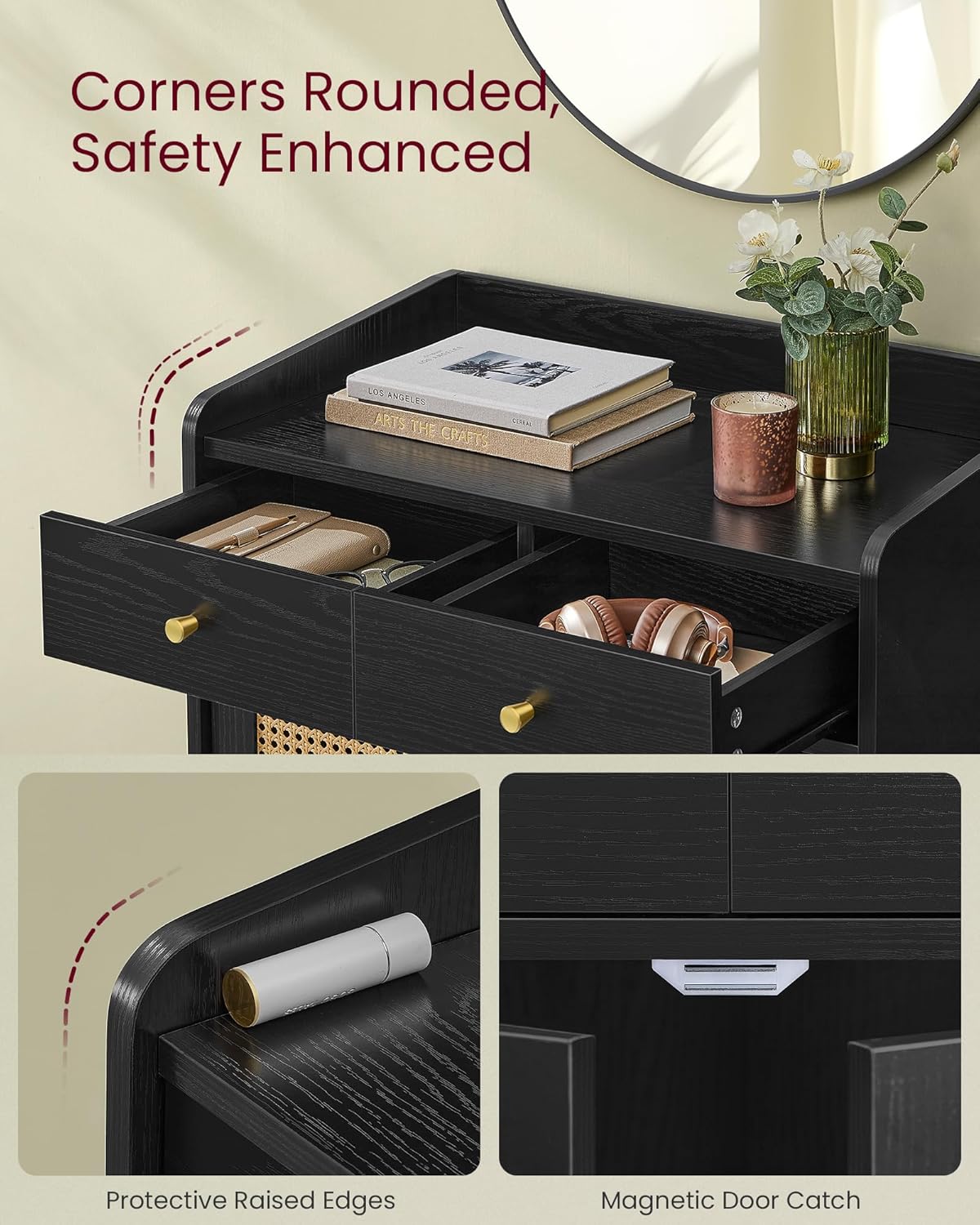 VASAGLE BOHOVEN Collection - Buffet Cabinets, Set of 2, Sideboard Storage Cabinets with Rattan-Like Doors and Drawers, Accent Cabinets, Adjustable Shelf, Boho Style, for Living Room, Ebony Black