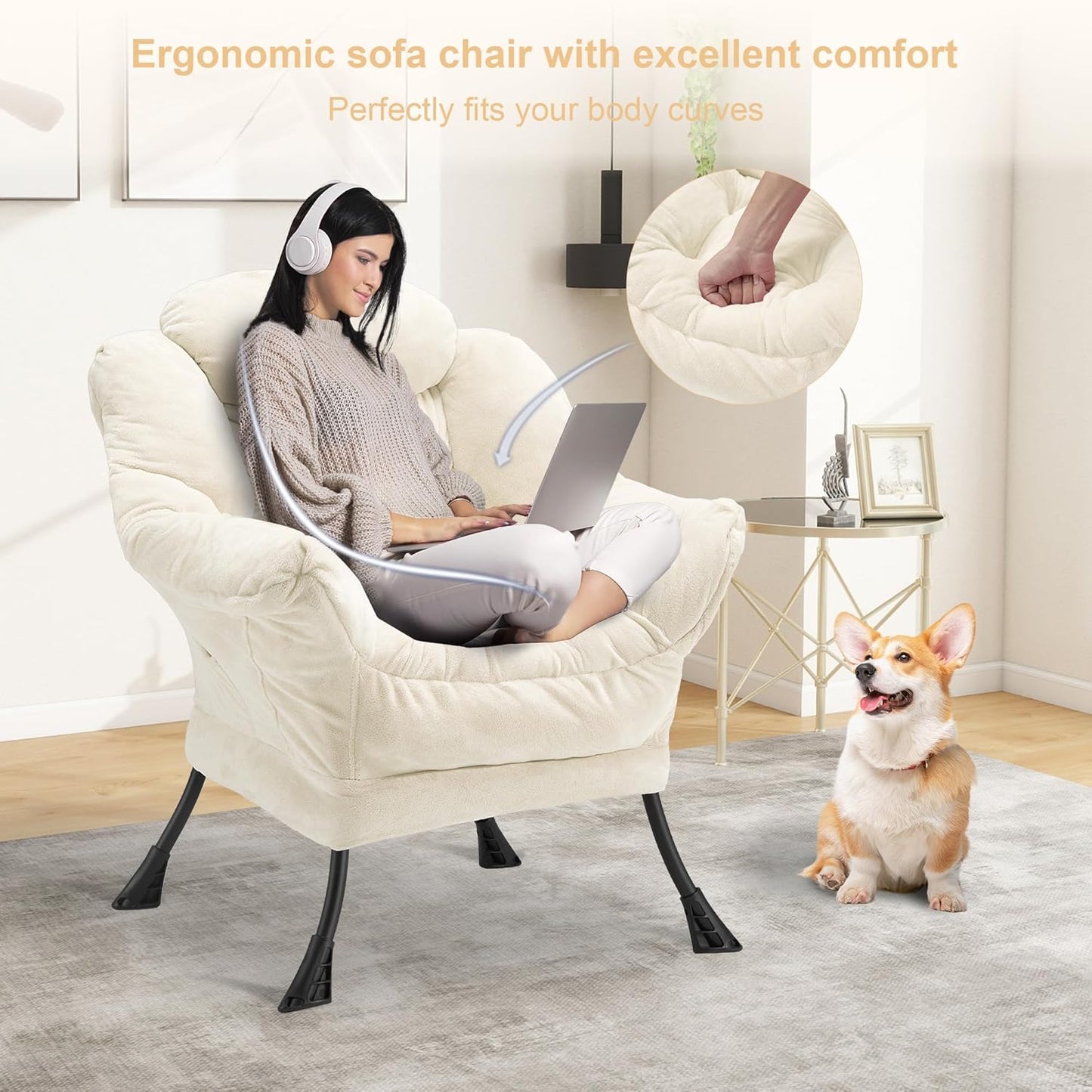 Fabric Lazy Chair for Adults, Oversized Upholstered Sofa Chair, Plush Comfy Lounge Chair with Large Side Storage Pocket, Thick Padded Reading Chair for Living Room, Bedroom, Study Room, Beige