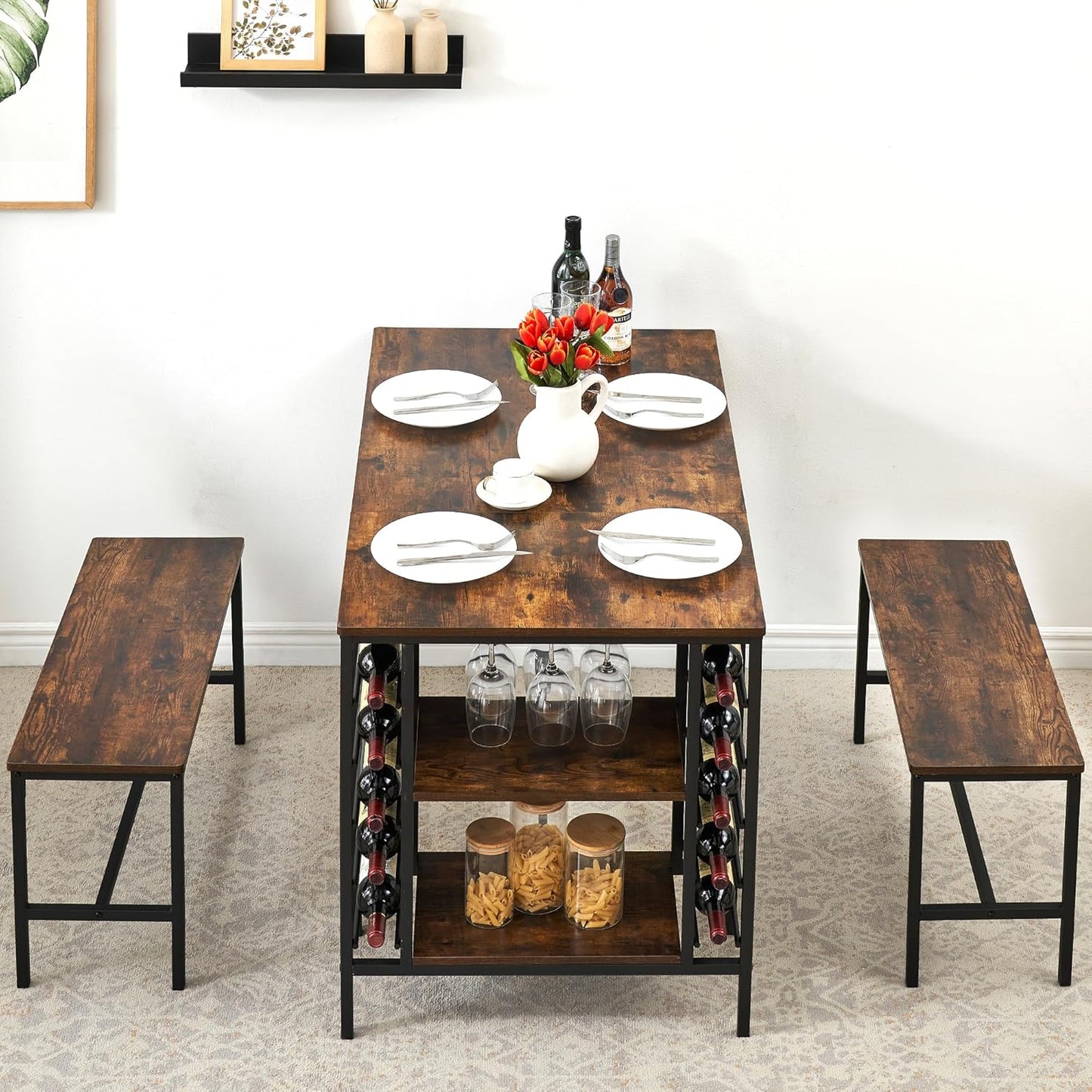IDEALHOUSE Dining Table Set for 4, Kitchen Table Set for 4 with 2 Benches, Rectangular Dining Room Table Set with Wine Rack, 3 Piece Dining Table Set for Small Space Apartment, Rustic Brown