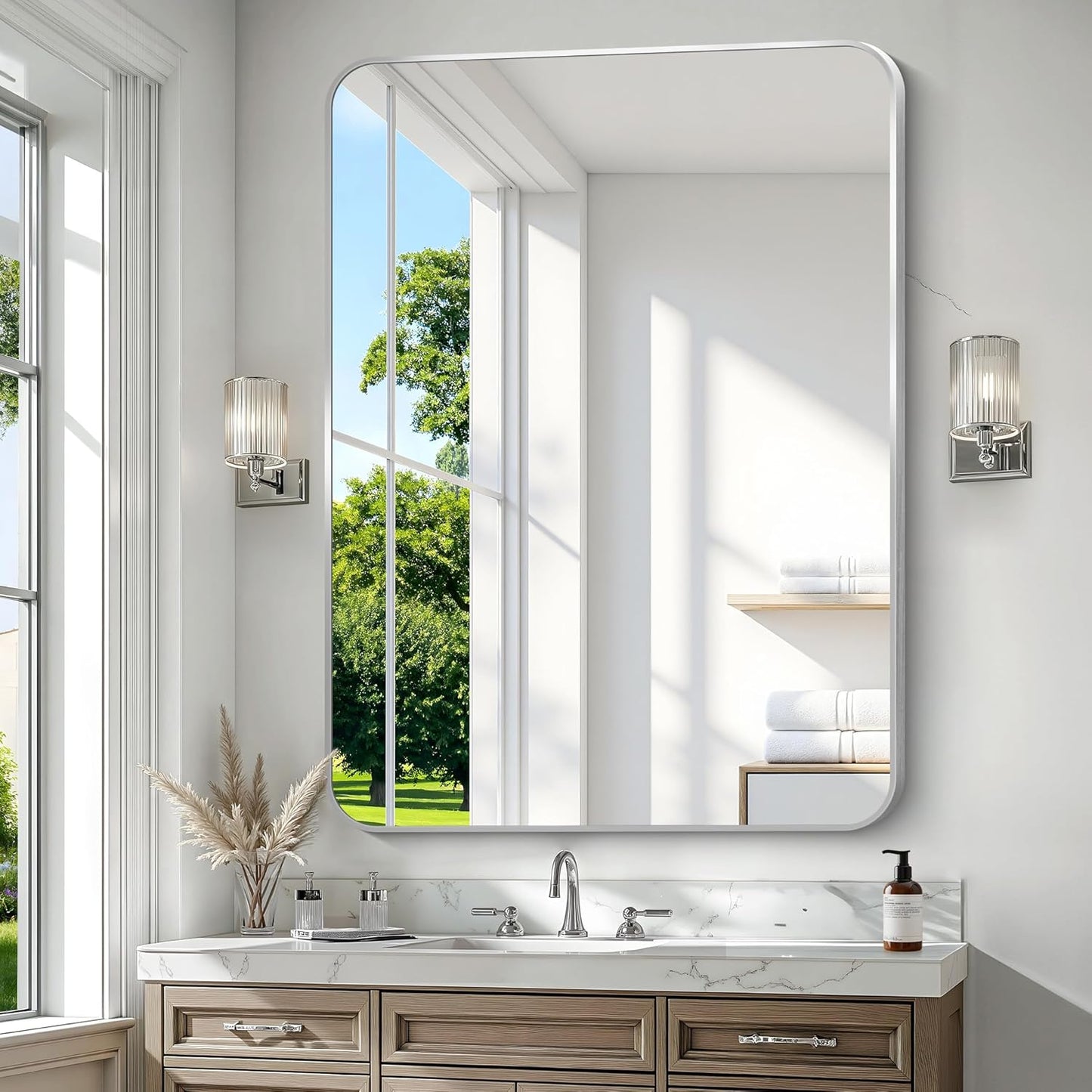 Silver Bathroom Mirror,36x48 inch Wall Mirror for Bathroom Wall Mounted,Rectangle Mirror for Bathroom Over Sink,Modern Frame Round Corner for Living Room,Bedroom Entryway,Horizontal/Vertical