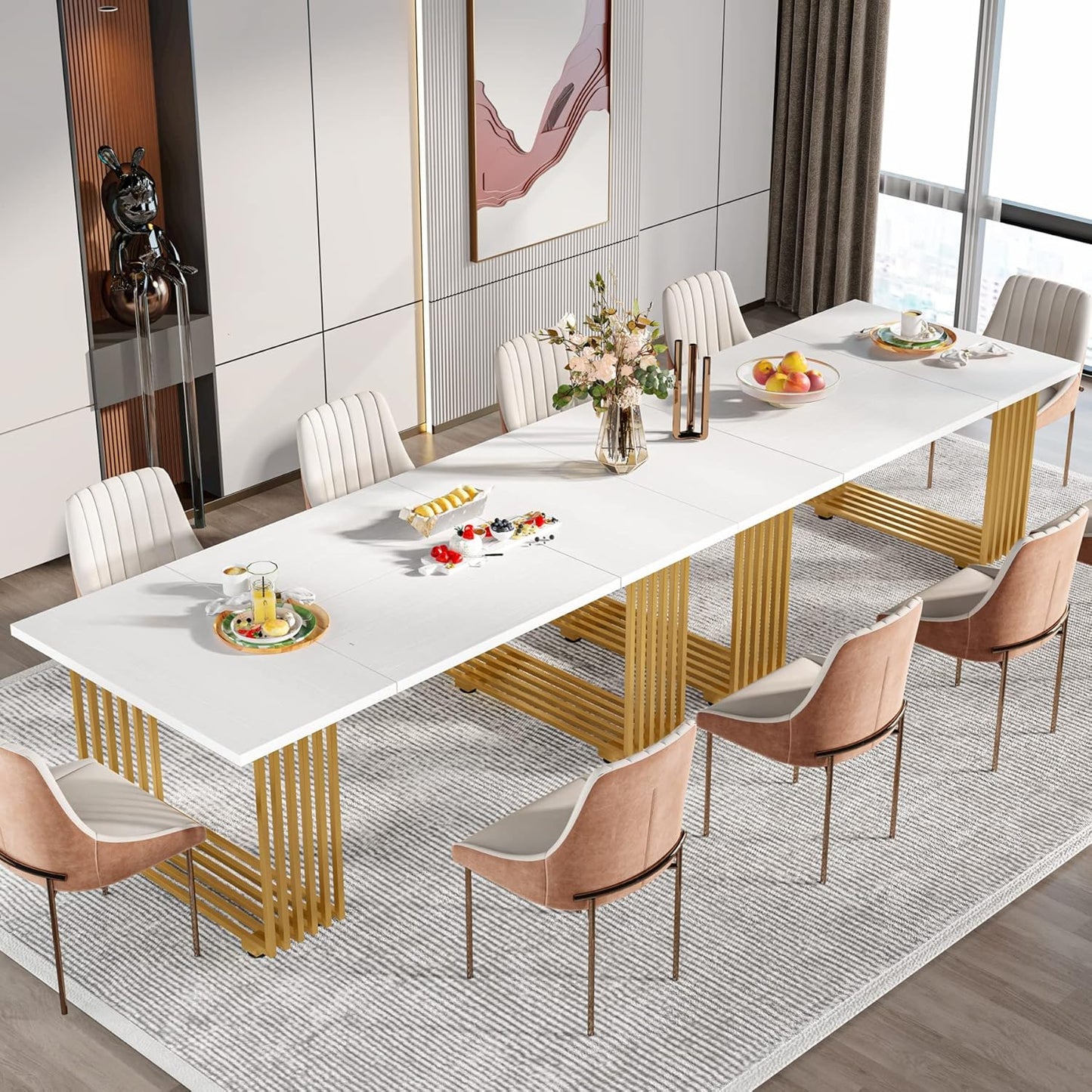 Tribesigns Modern Dining Table for 6-8 People, 70.8 Inches Long White Room Kitchen, Wood Kitchen with Gold Metal Legs, Rectangular Dinner Room, Family Gathering