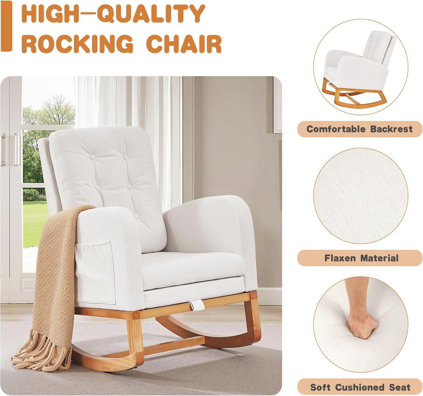 VECELO Rocking Chair Nursery, Modern Sherpa Glider Rocker Accent Arm Chair with High Back and Side Pocket, Cozy Rocking Armchair for LivingRoom, Bedroom, White