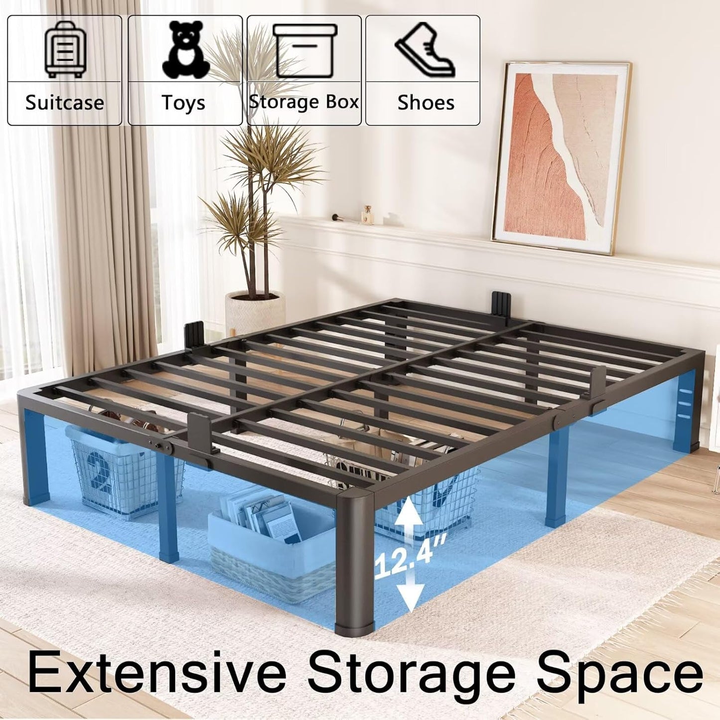 FUIOBYVV 14 Inch Full Bed Frame with Rounded Corner and Headboard Hole Mattress Retainers 3500 LBS Metal Heavy Duty Steel Slats Support No Box Spring Needed Platform Noise Free Easy Assembly