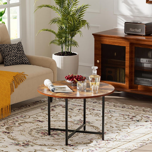 Round Coffee Table, Small Coffee Tables for Living Room, Wood Coffee Table with Metal Frame, Floor Table Desk for Sitting on The Floor, Home, Office, Farmhouse, Rustic Brown (23.6"D x 17.7"H)