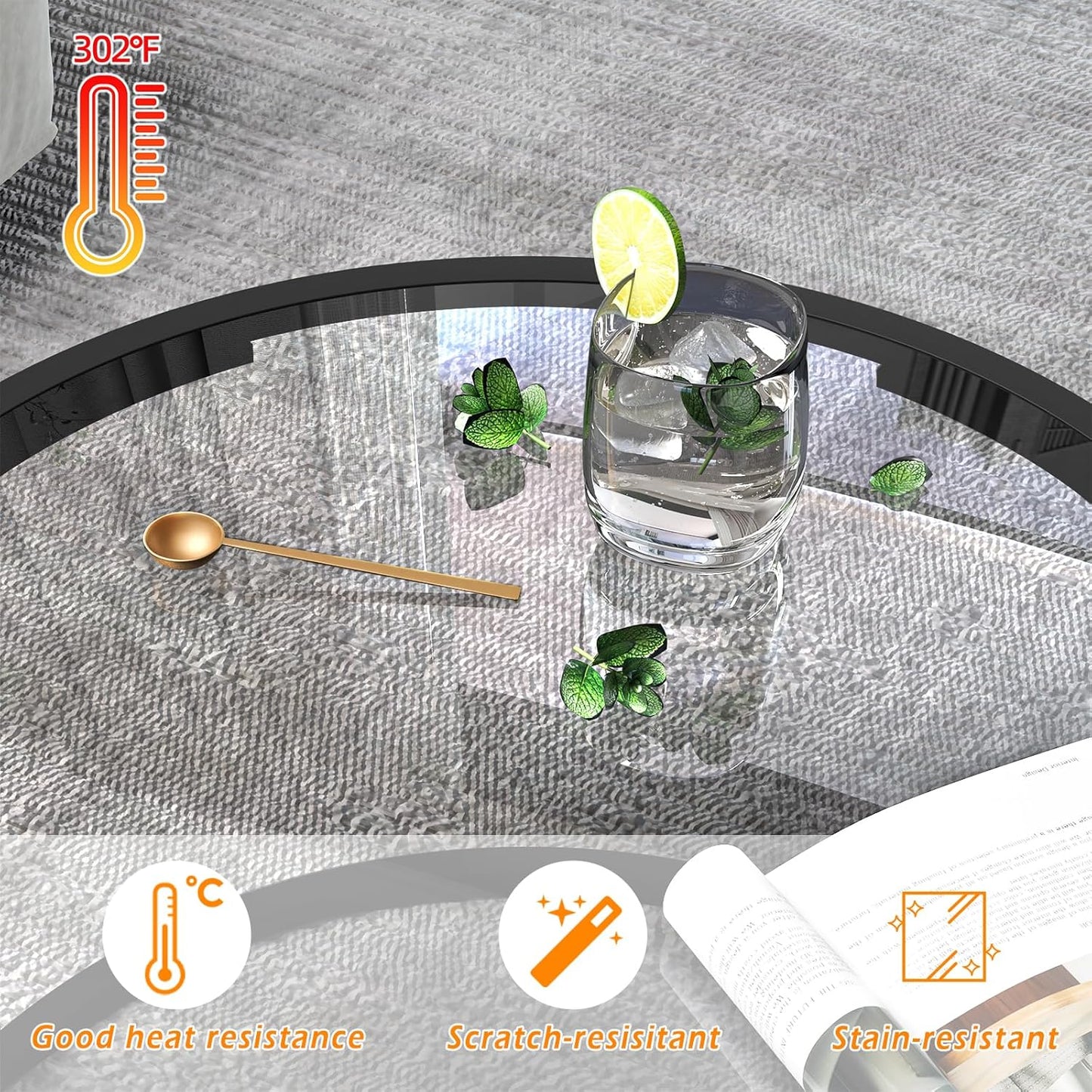 Round Coffee Table,Small Black Coffee Table for Living Room,27" Modern Center Table,Glass Top Clear Coffee Table with Sturdy Metal Frame for for Living Room Home Office, Easy Assembly,Black