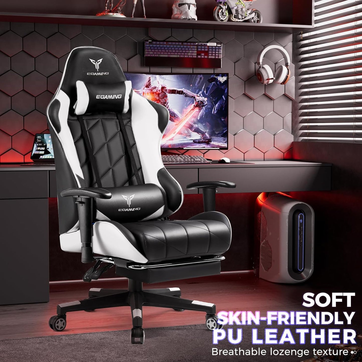 Gaming Chair with 3D Adjustable Armrests, Cow Print Design, Ergonomic Office Chair with High Back, Computer Chair with Footrest,Comfy Diamond Stitching Sest, Game Chair for Adults