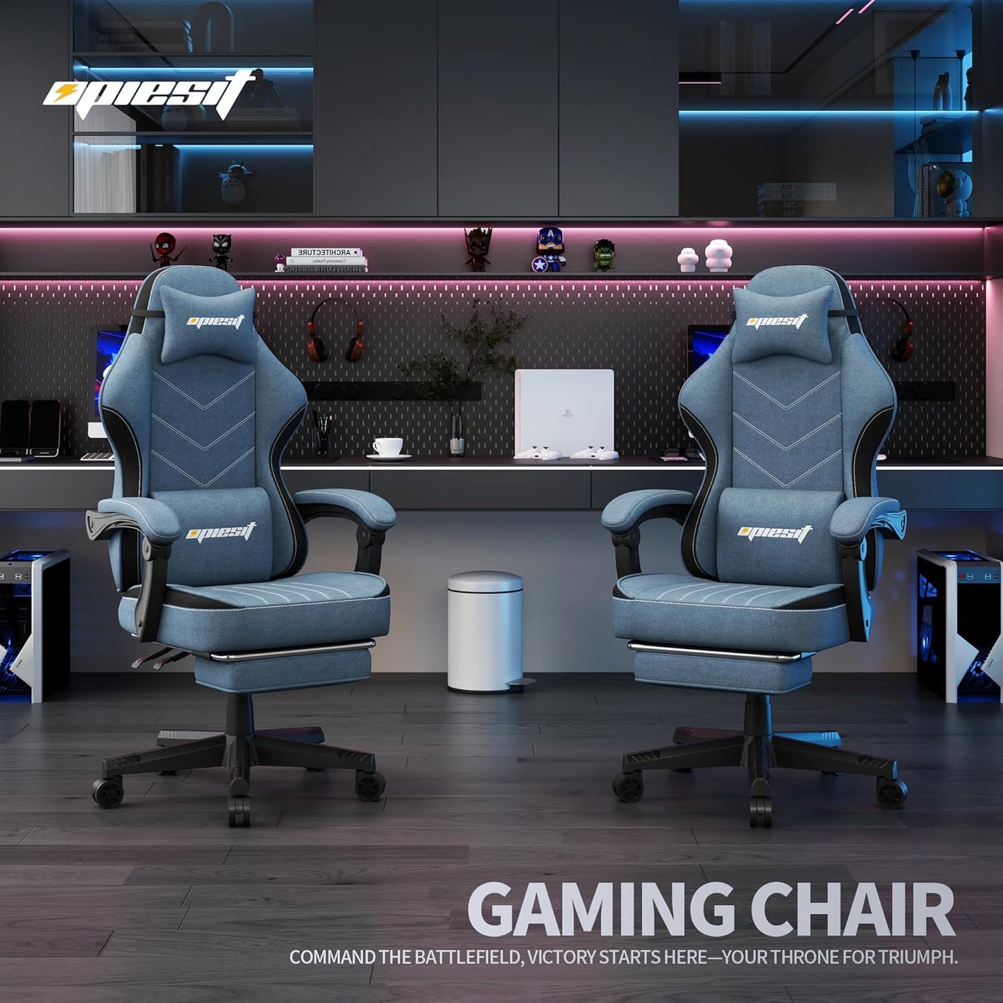 Gaming Chair,Fabric Computer Chair with Pocket Spring Cushion,400 lb Load Capacity,Ergonomic Office Chair with Footrest,Height Adjustable Video Gamer Chair with Lumbar Support (Blue)