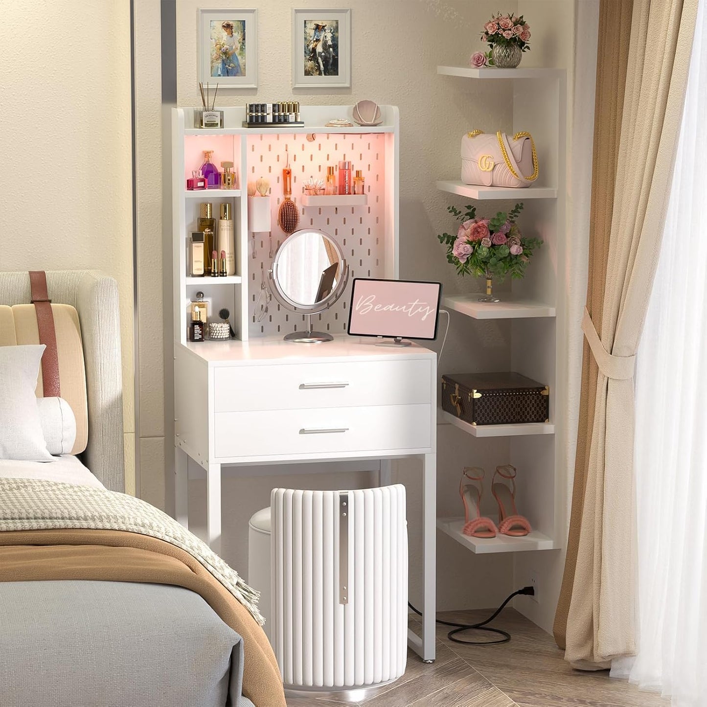 Small Vanity Desk with Hutch and Drawers, White Makeup Vanity Desk with Charging Station, Vanity Table Dressing Table with LED Lights, Vanity Desk No Mirror with Pegboard for Girls Women, 24"