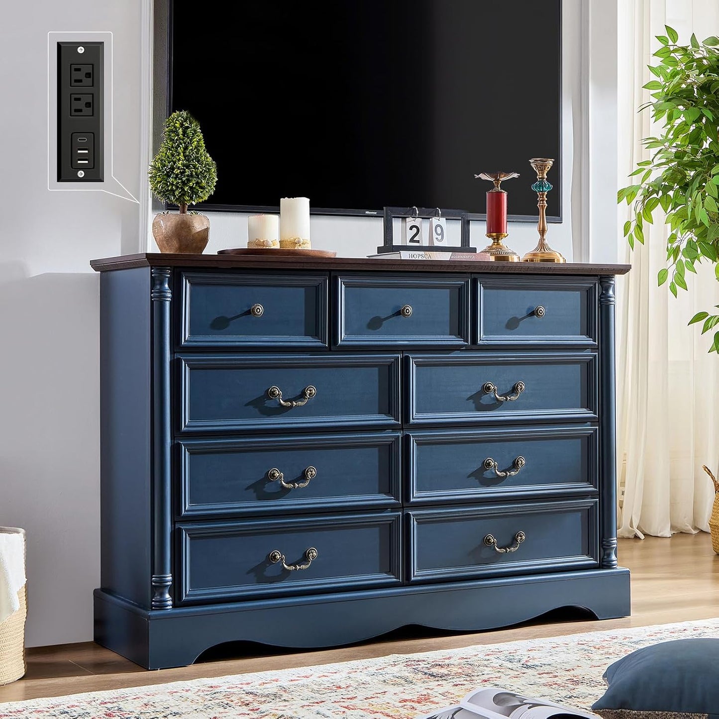 Farmhouse 9 Drawers Dresser for Bedroom with Charging Station, 54" Wide Wood Country Rustic Storage Dressers Organizer, Vintage Design Chest of Drawers TV Stand