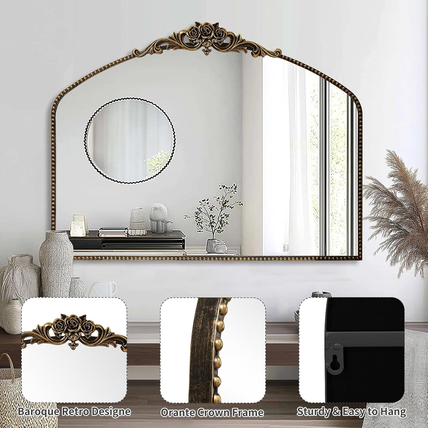 AIXI HOME Black Arched Mirror, 40" x 30" Traditional Vintage Antique Mantel Mirror with Ornate Metal Frame, Baroque Wall Mounted Mirror for Entryway/Fireplace/Hallway/Bathroom/Living Room/Bedroom