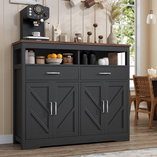 Buffet Sideboard with Storage Farmhouse with 4 Doors, 47'' Large Kitchen Storage Cabinet Wood Coffee Bar Cabinet Buffet Table with Shelves for Kitchen, Dining Room, Entryway