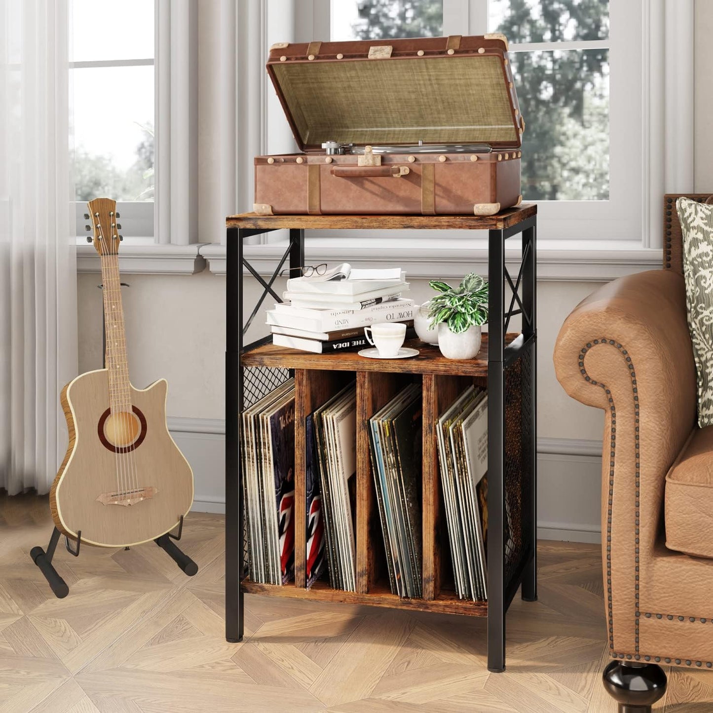 3-Tier Record Player Stand, Vinyl Record Storage Turntables for Vinyl Records, Record Player Table Holds Up to 200 Albums, Mid-Century Turntable Stand for Living Room, Bedroom, Office