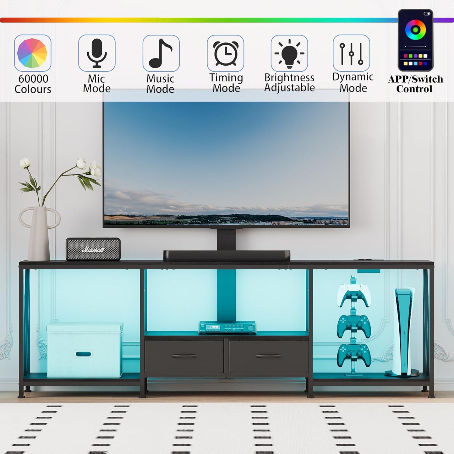 63" W TV Stand with Mount for 50,55,65,75" TV,Entertainment Center with Power Outlet and Led Lights,Height Adjustable TV Console Table with Open Storage Shelves and Fabric Drawers (Black)