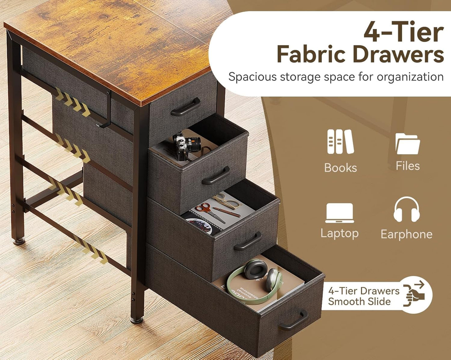 Casaottima 40-Inch Small Desk with 4 Fabric Drawers, Compact Study Desk for Students and Kids, Space-Saving Work Table for Bedroom or Small Spaces, Vintage