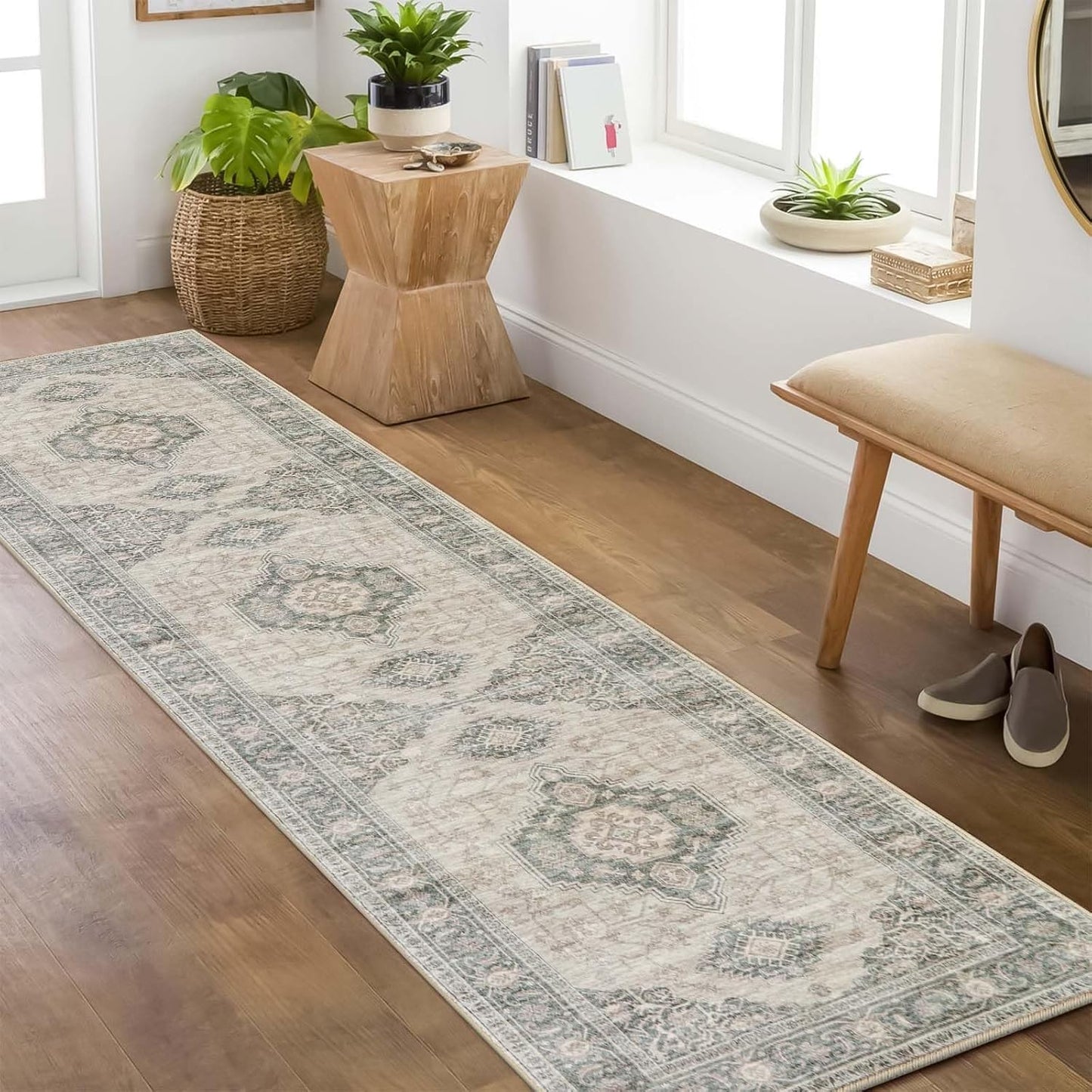 Lahome Oriental Washable Rug Runner, 2x8 Ultra-Thin Hallway Runner Rug with Rubber Backing, Distressed Non Skid Long Carpet for Kitchen Entryway Laundry Room, Grey/Brown