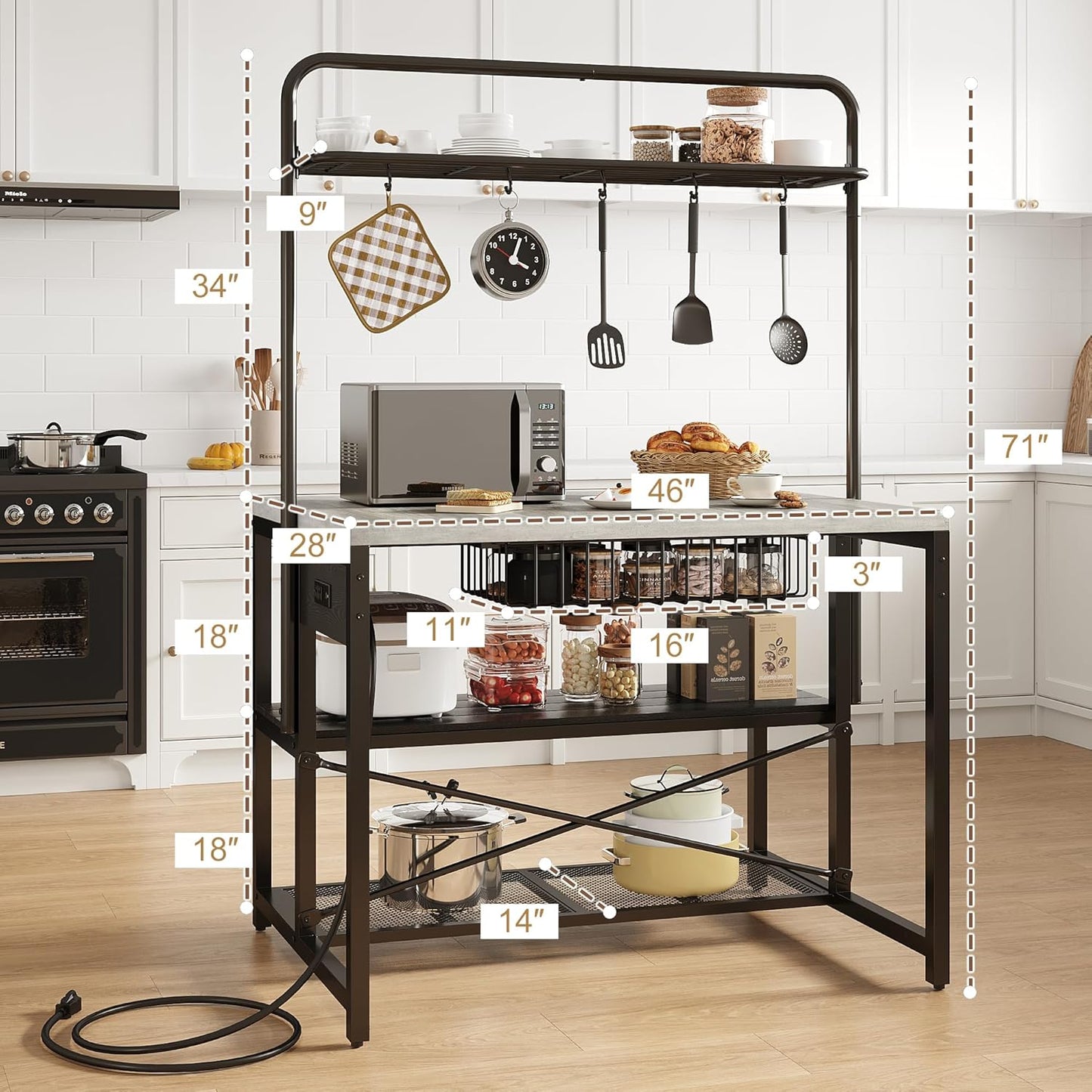 46" Large Kitchen Island Table Baker Rack with Power Outlet and 3-Tier Storage-Microwave Stand Oven Shelf, Metal Coffee Bar Table,Kitchen Storage Shelf for Dining Living Room, 5 Hooks,Grey