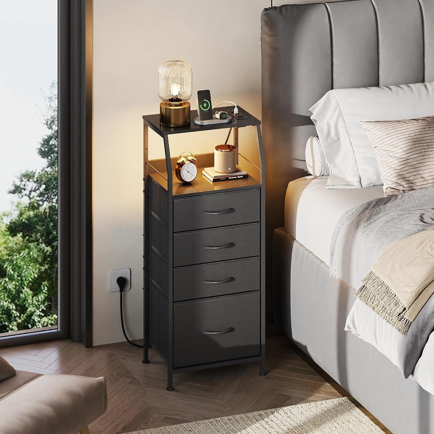 WLIVE Night Stand with Charger Station, LED Nightstand with 4 Fabric Drawers and Storage Shelf, Tall Dresser for Bedroom, 37.48" H Bedside Table with 3 USB Ports and Outlets, Black