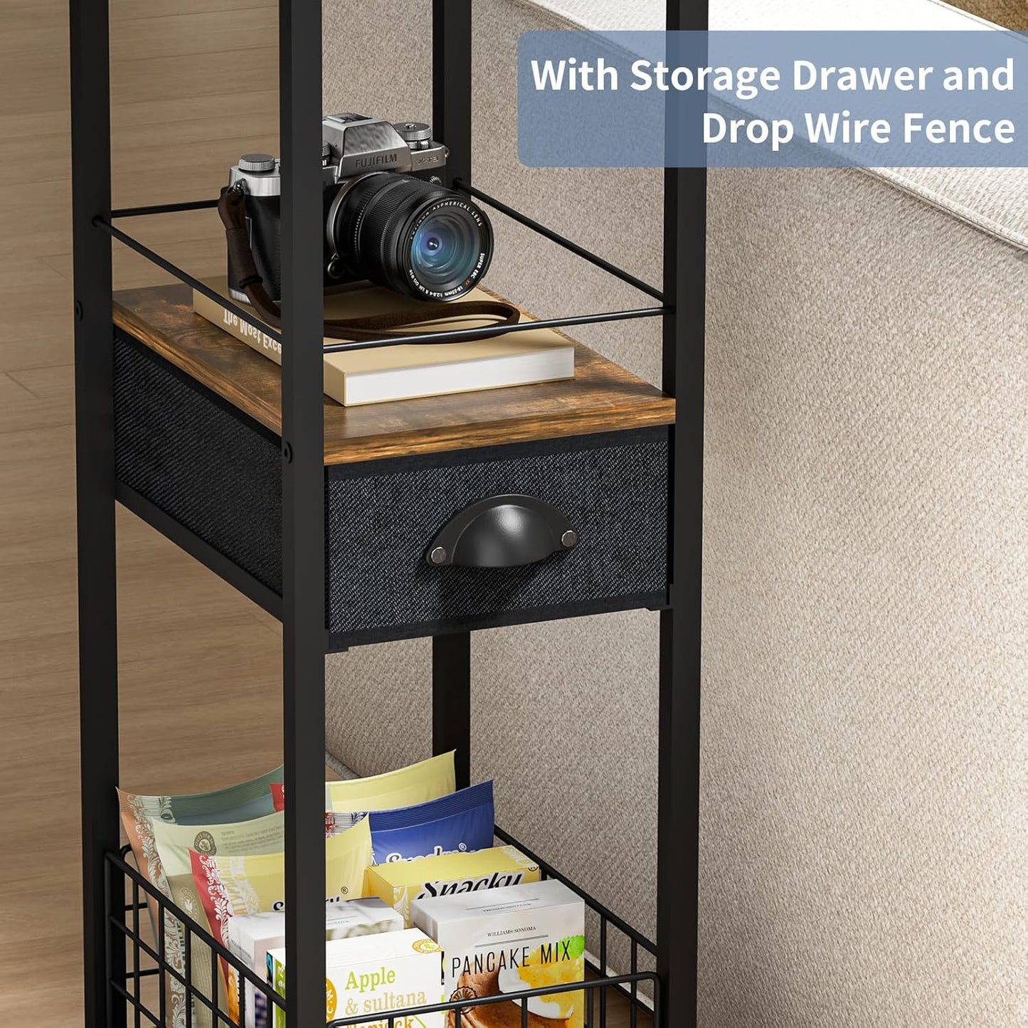 C Shaped Sofa Side Table: Couch End Table with Drawer - Bedside Table with Wheels - 19.7''L x 11.8''W x 28''H - C Mobile Tables with Storage Basket for Living Room Bedroom