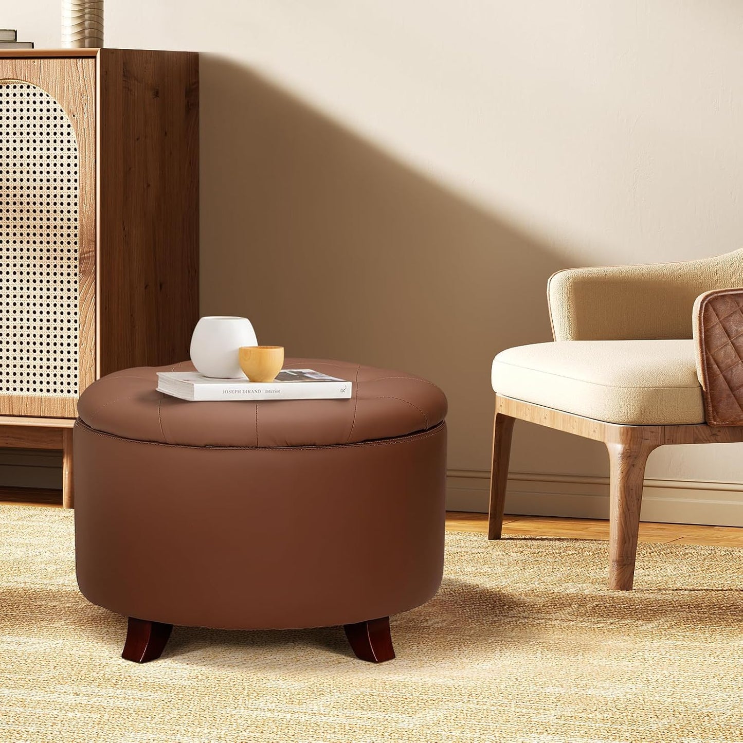 Athena Collection 24.5 Inch Small Ottoman with Storage, Round PU Leather Storage Ottoman Foot Rest with Removable Lid, Multipurpose Footstool Footrest for Livingroom, Bedroom, Dorm, Brown