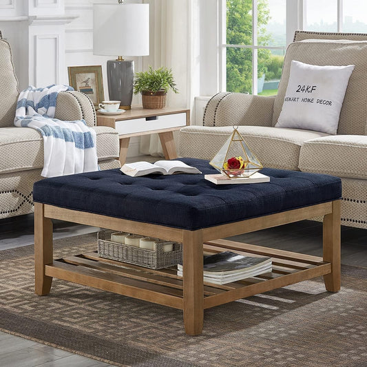 24KF Large Square Upholstered Tufted Linen Ottoman, Large Footrest Ottoman with Solid Wood Shelf- Navy Blue