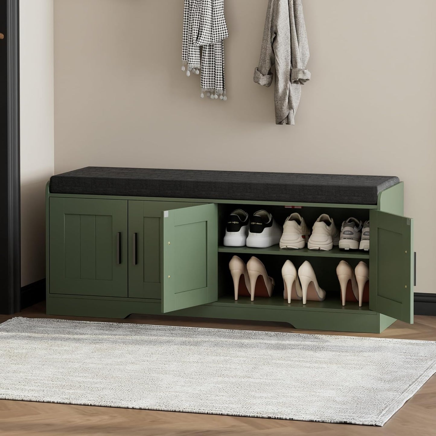2-Tier Storage Bench, Shoe Bench with Thickened Padded Seat Cushion, Entryway Bench with 4 Doors, Adjustable Shelf, 13.8" D x 45.3" W x 18.5" H, for Entryway, Living Room, Bedroom, Green