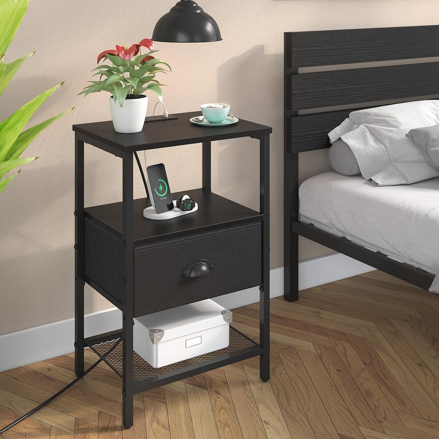 Nightstands Set of 2, Black Night Stands with Charging Station, Bedside Tables with Fabric Drawers PU Finish, 2-Tier Side Table with Open Shelf, Nightstands with Drawer,Black