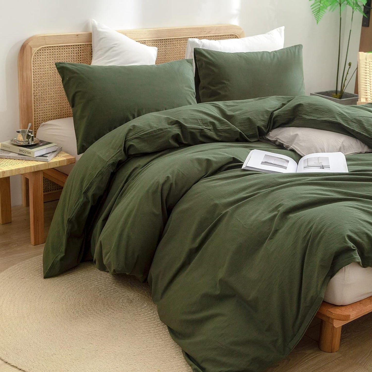 BESTOUCH Duvet Cover Set 100% Washed Cotton Linen Feel Super Soft Comfortable Chic Lightweight 2 PCs Home Bedding Set Solid Olive Green Twin/Twin XL
