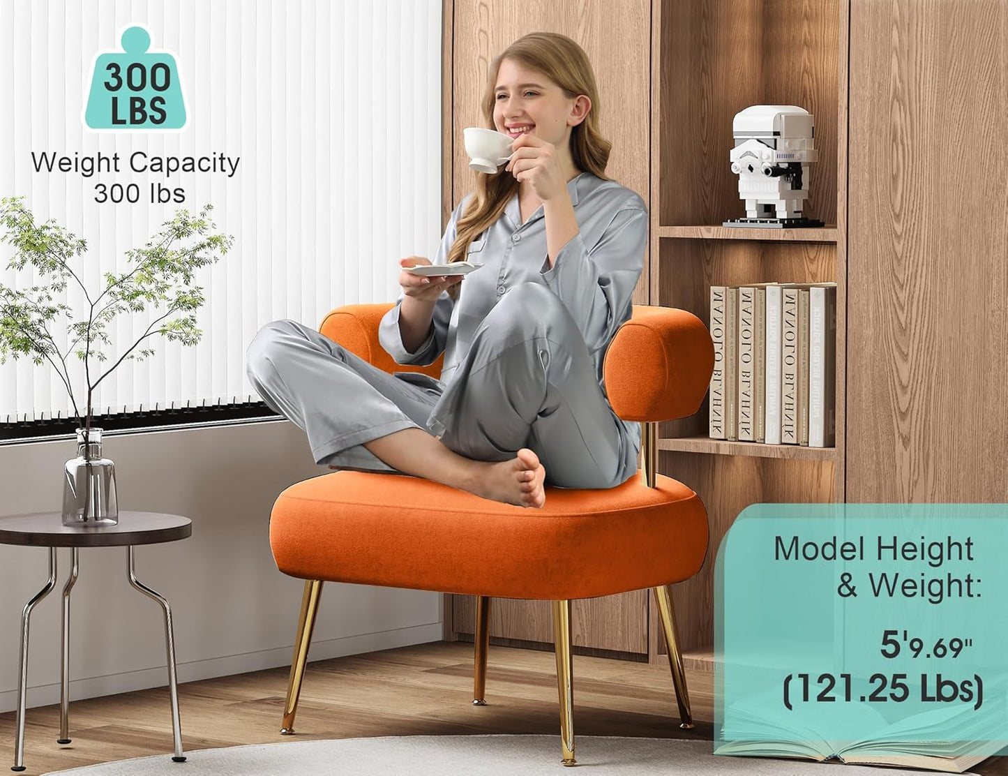 Modern Velvet Accent Chair, Round Upholstered Barrel Armchair for Small Spaces, Fluffy Side Corner Sofa Chair for Living Room, Bedroom, Vanity, Office, Reading Nook(Orange)