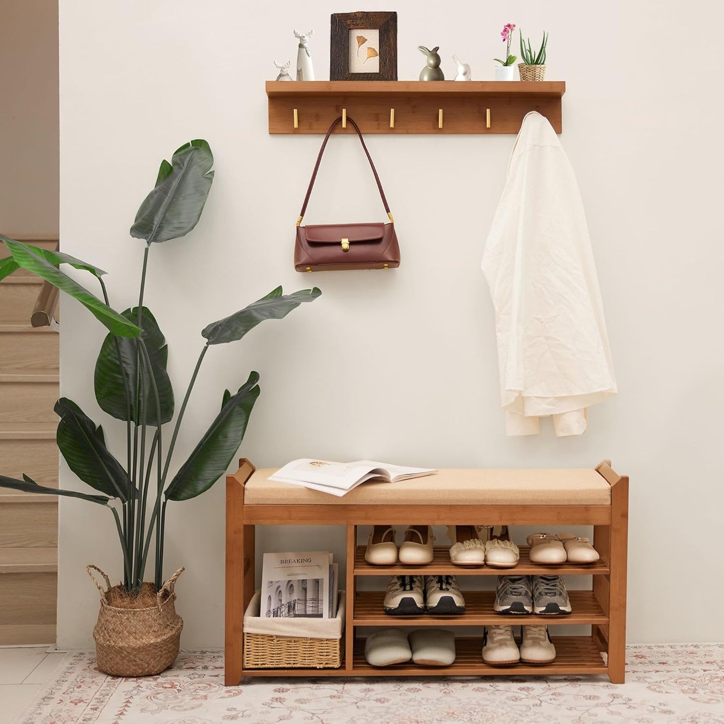 Hall Tree with Bench and Shoe Storage, Coat Rack Shoe Bench Set with Seat Cushion and 6 Hooks for Entryway, Hallway, Living Room and Bedroom