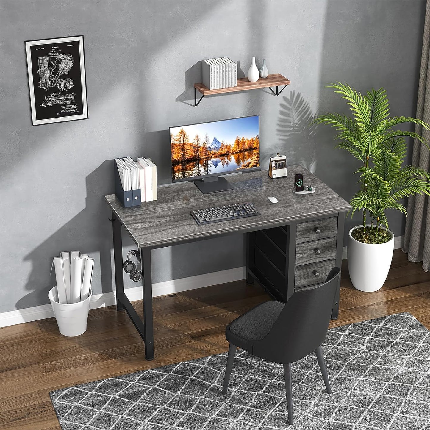 Lufeiya Small Gaming Desk with 4 Fabric Drawers, 40 Inch Kids Girls Teen Cute Study Desk for Bedroom, Work Computer Writing Table Desks for Small Space Home Office, Gray