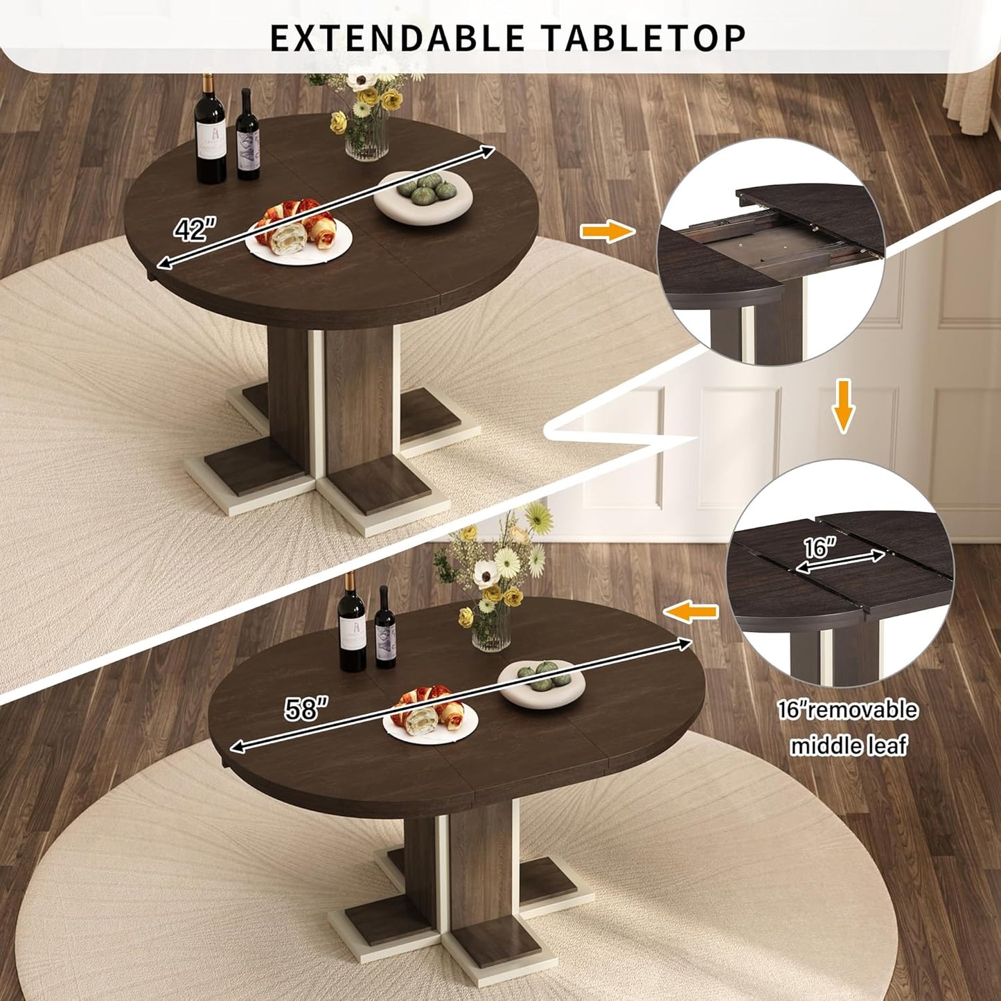 Ball & Cast Farmhouse Extendable Dining Table for 4-6, 42"-58" Extendable Kitchen-Table with a 16" Leaf, Round Ellipse Retro Wood Dining Room-Table w/Double Layer Base,Two Tone Color, Espresso