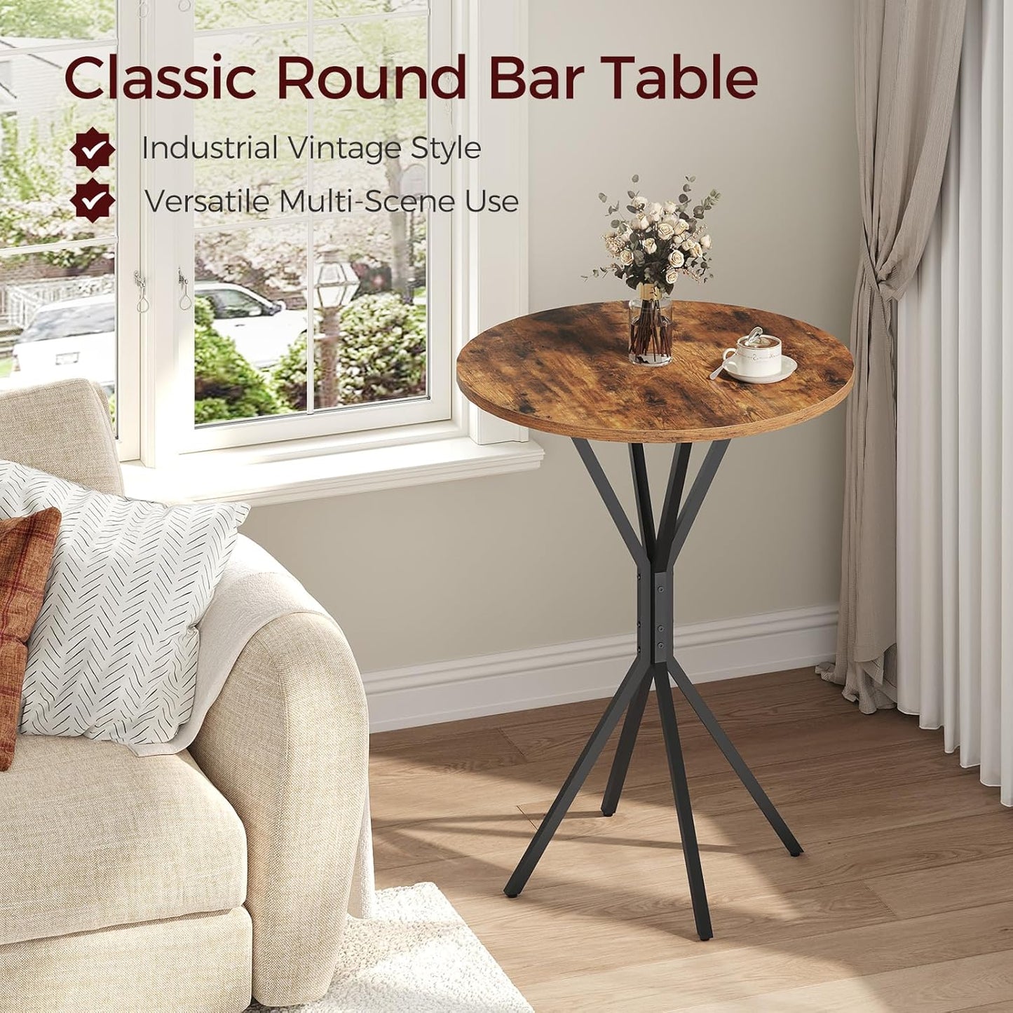 Bar Table, Round High Top Pub Table, 36.2'' Tall Cocktail Table, Metal Frame, Industrial Style, for Small Space, Bistro, Cafe, Banquet, Restaurant, Rustic Brown and Black BTHR12701