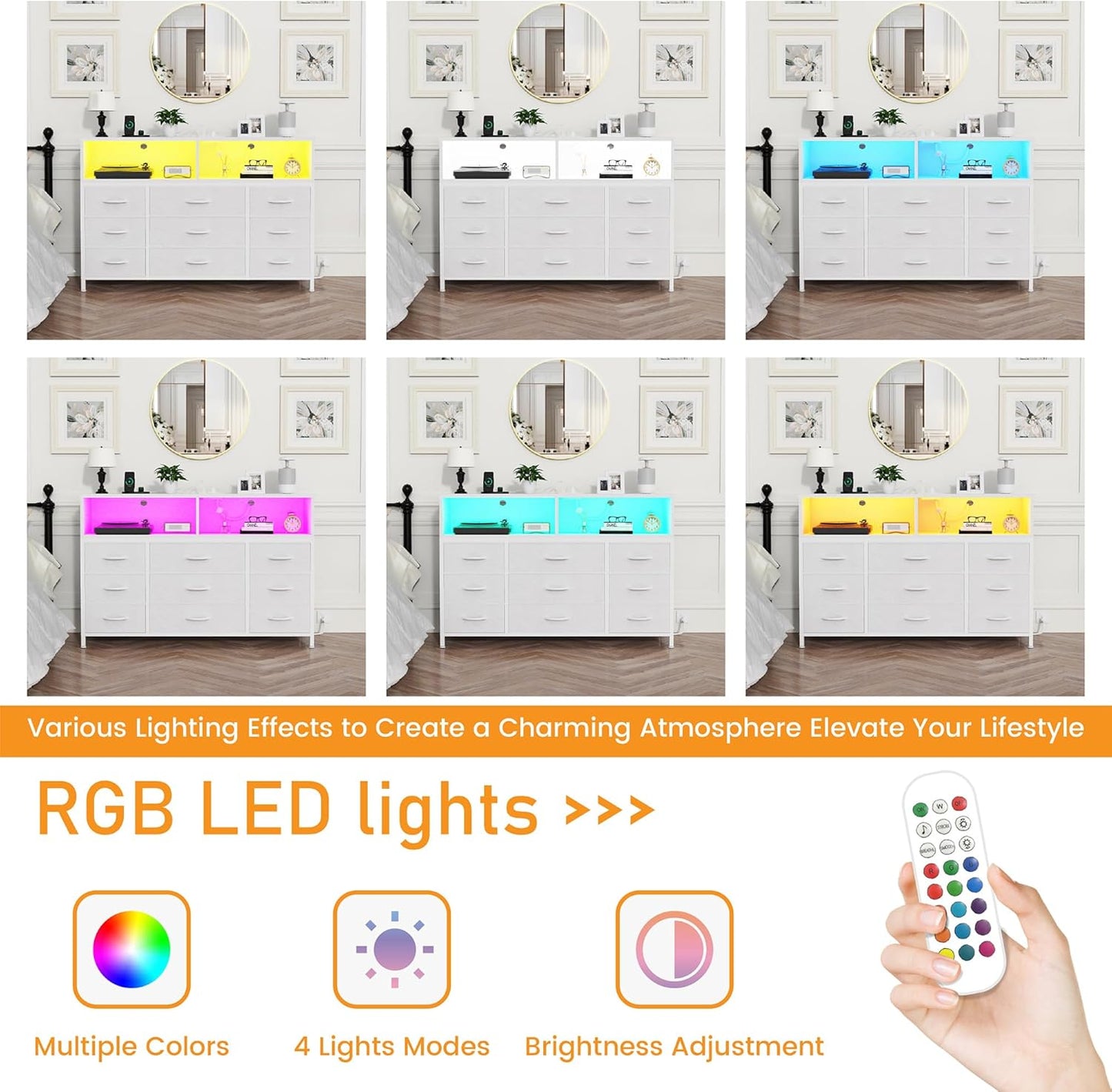 White Dresser for Bedroom, Led Dresser TV Stand with Power Outlets and LED Lights, Long Fabric Dressers Wide Chest of Drawers with Large Organizer for Living Room, Entryway, Hallway,White