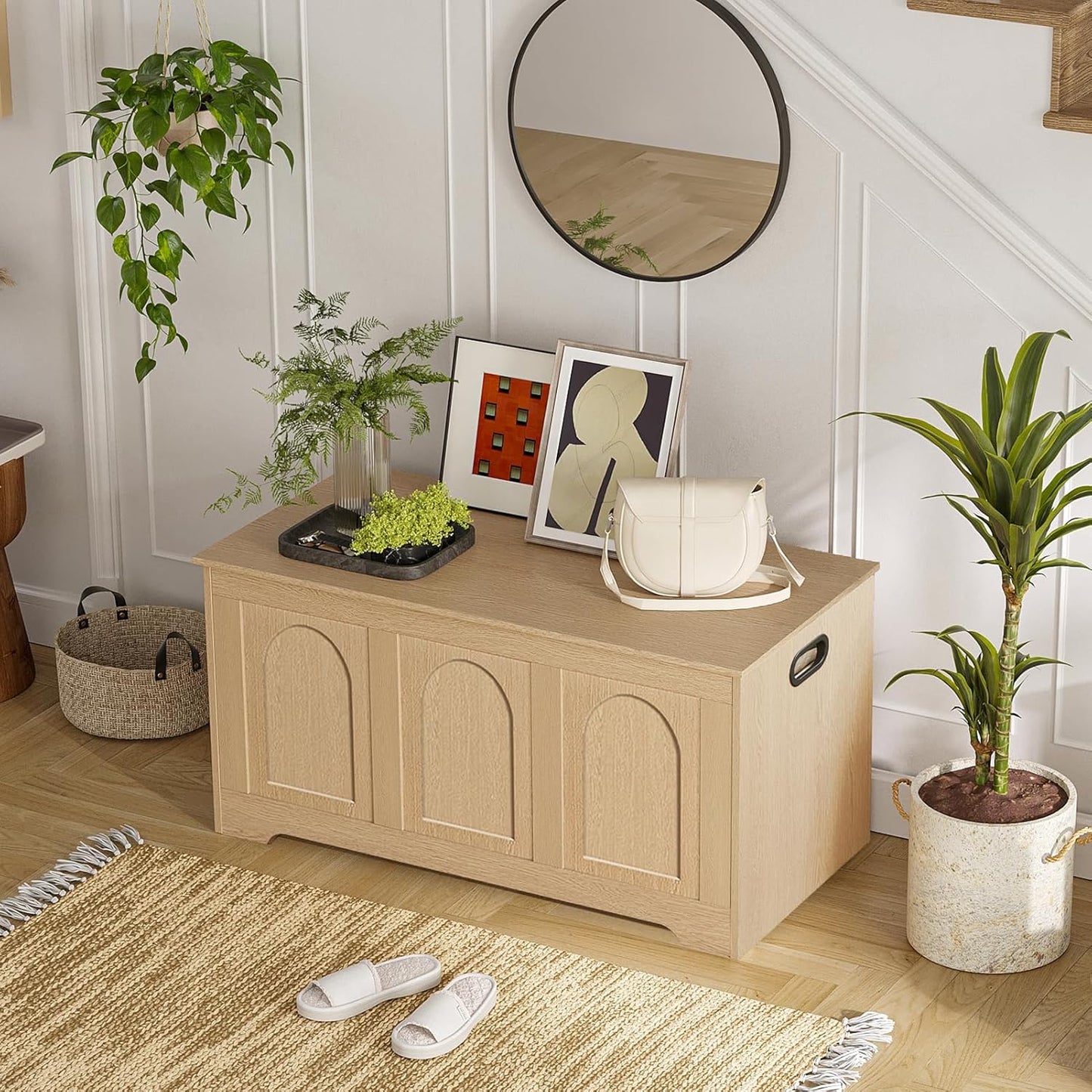 DINZI LVJ Storage Chest, 39.4”Wooden Storage Box with 2 Safety Hinges, Entryway Shoe Bench with Flip-Top, Trunk for Living Room, Bedroom, Easy Assembly, Natural