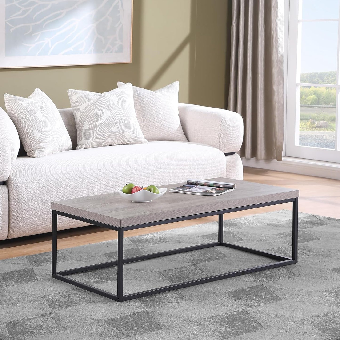 CENSI 47-Inch Grey Wash Accent Coffee Table/Center Table for Living Room, Rectangle Modern Industrial Style,Wood and Metal, Max.Loading 220 lbs. (French Oak)