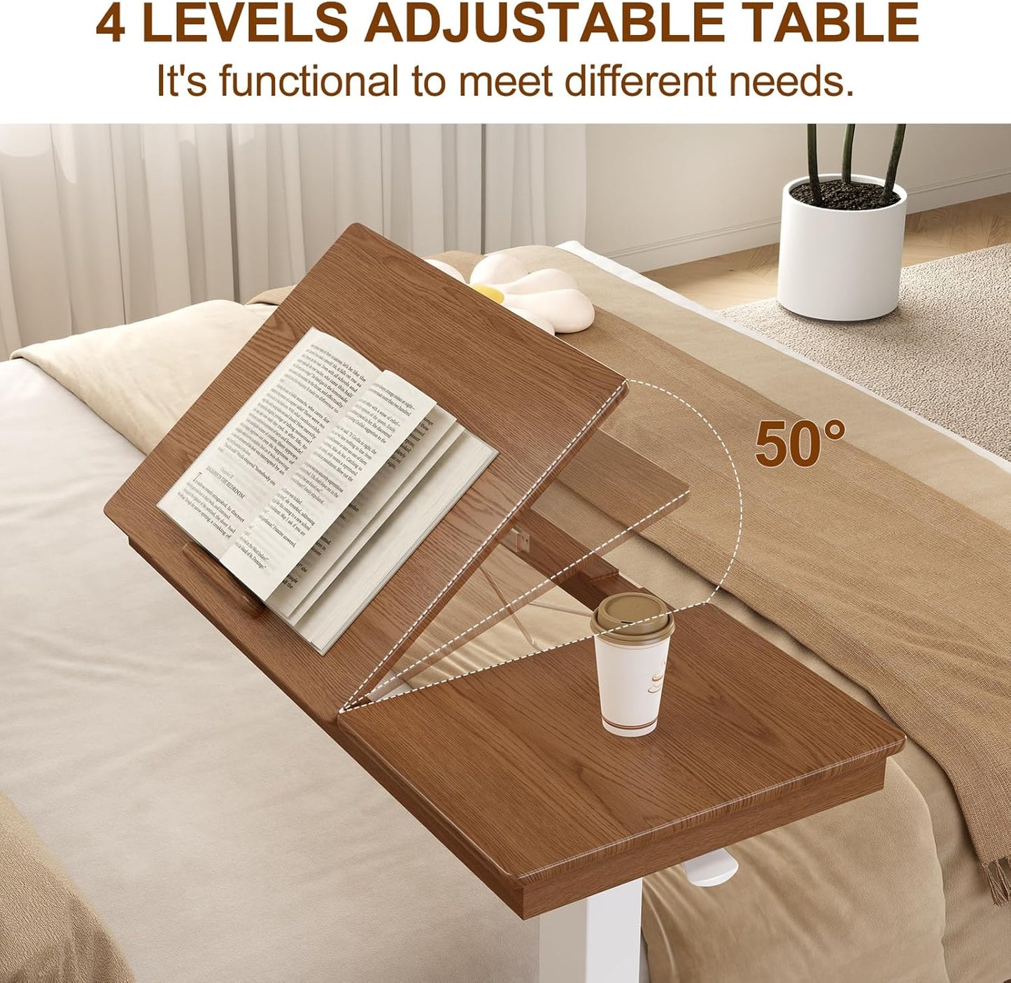 Solid Wood Overbed Bedside Table with Wheels, Adjustable Medical Tilt Top Hospital Bed Table Over The Bed, Rolling Laptop Desk, Mobile Standing Desk for Hospital and Home Use (Walnut)