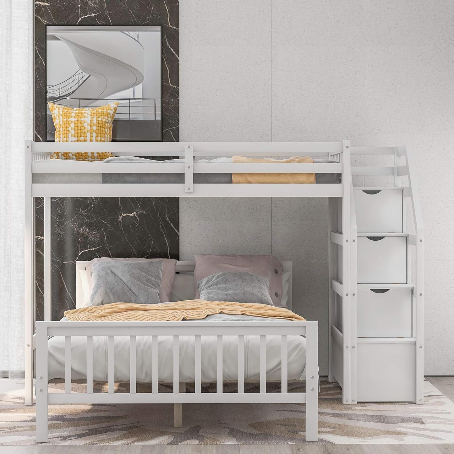 Twin Over Full Wood Loft Bed with Staircase,High Guardrails and Ladder-Handrails,Ladder W/ 3 Storage Grids,Bedroom Furniture for Children,Teens,Adults,White