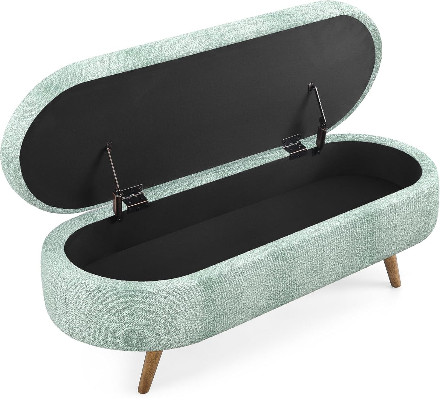 Oval Storage Bench 43.5" Linen Fabric Upholstered Entryway Bench with Solid Wood Legs Ottoman Bench Indoor Bench for Living Room/Bedroom/End of Bed/Entryway (Cyan)