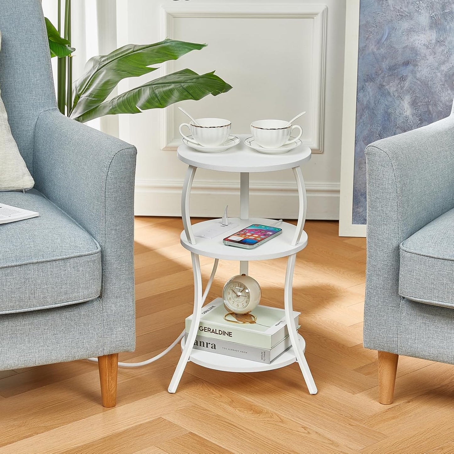 Small Round Side Table with Charging Station, 3-Tier Waist Circular End Table with Storage Shelf, Compact Tea Sofa Side Table Small Spaces, Round Corner Coffee Table for Living Room Bedroon,White